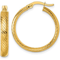 10K Yellow Gold Polished Twist Textured Tube Hoop Earrings - 25mm Length