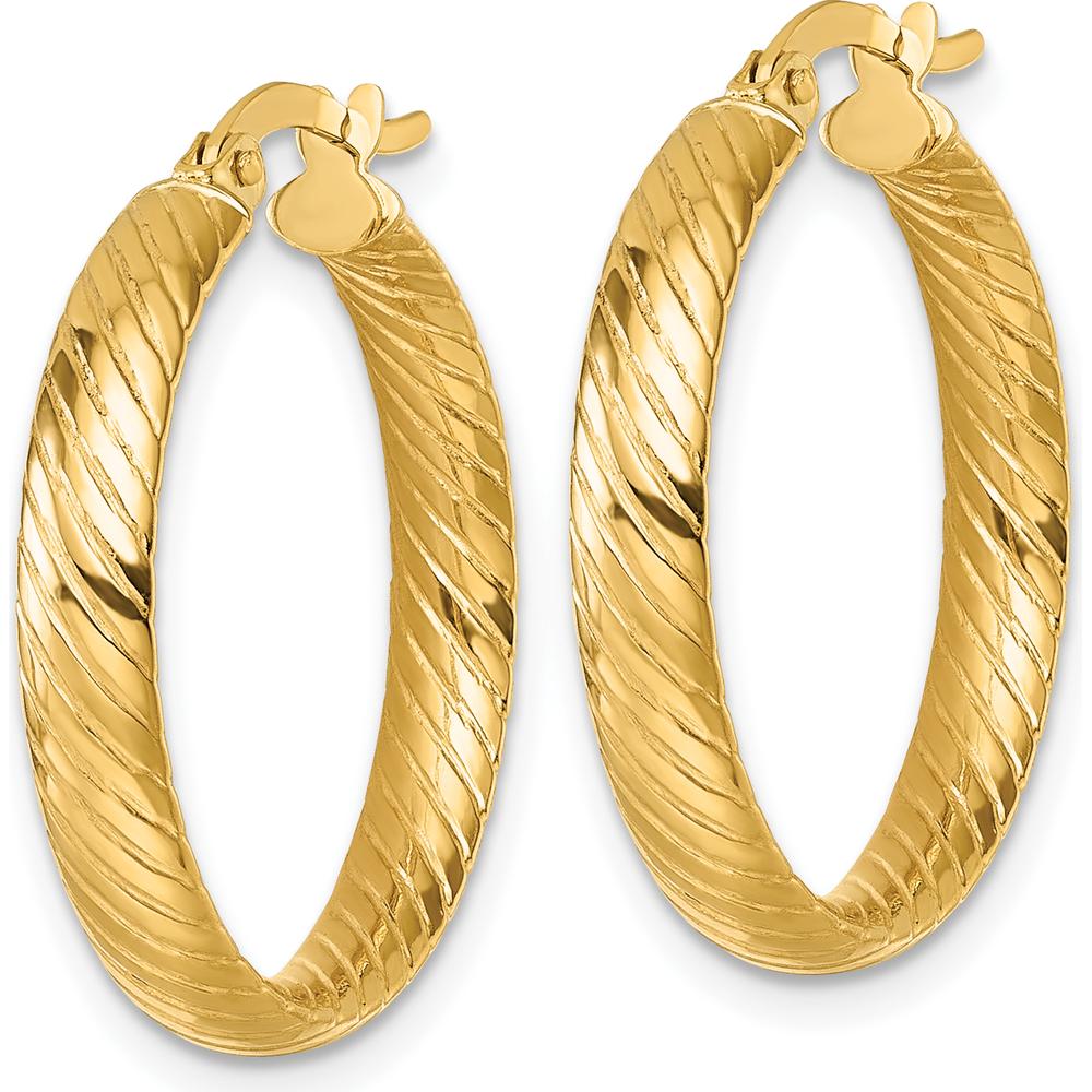 10K Yellow Gold Polished Twist Textured Tube Hoop Earrings - 25mm Length