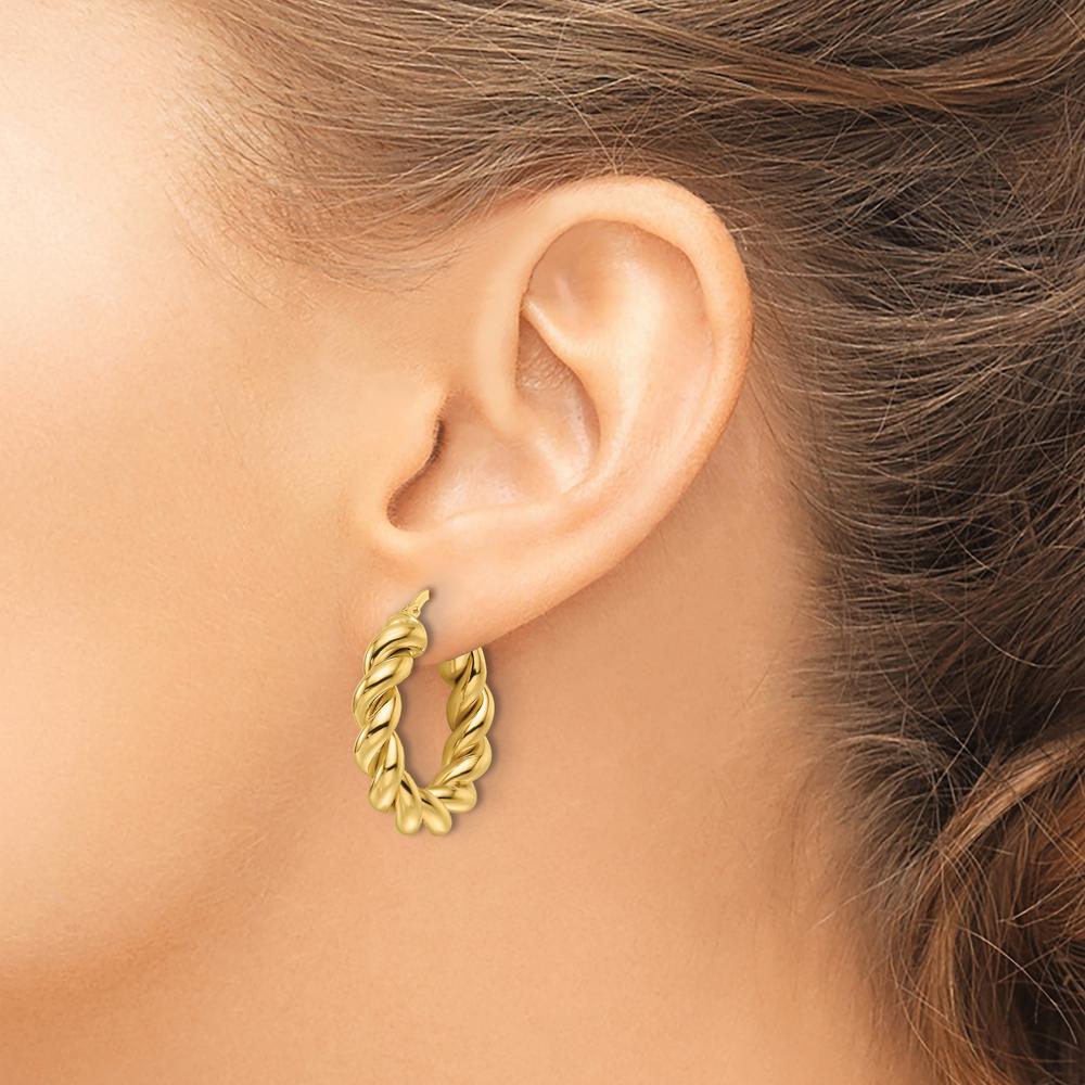 10K Yellow Gold Polished Twisted Round Hoop Earrings - 5.3mm Diameter