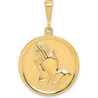 10K Yellow Gold Praying Hands Reversible Pendant with Serenity Prayer - Polished Finish, 35mm Length