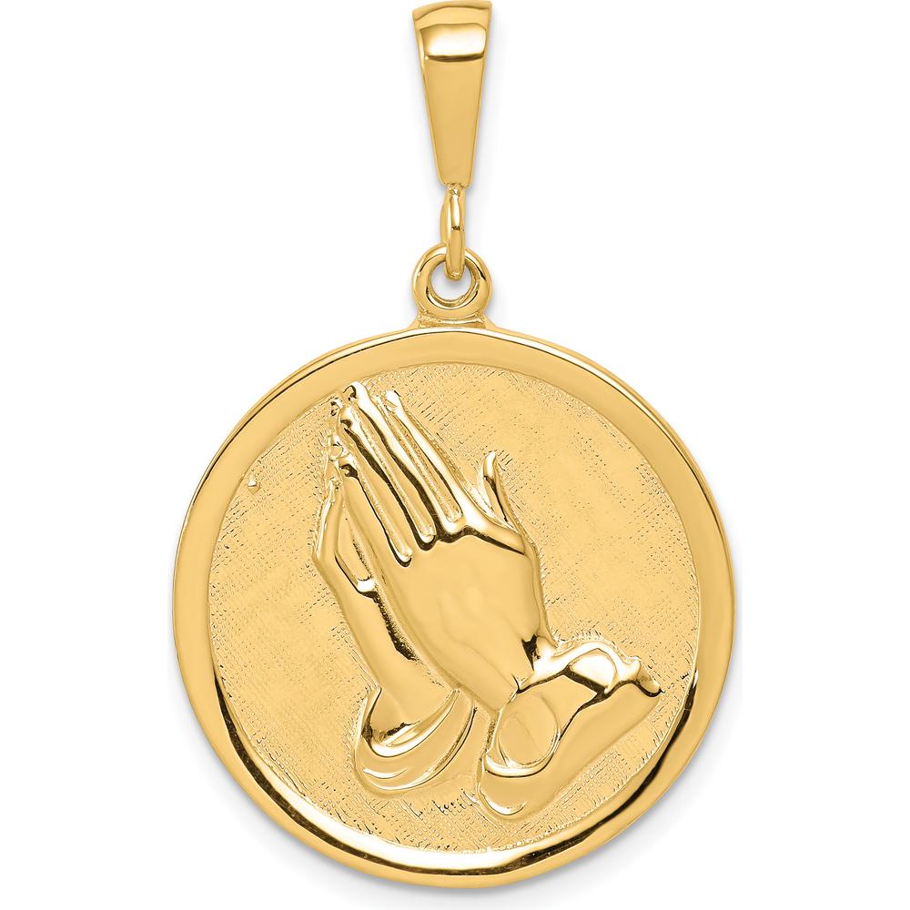 10K Yellow Gold Praying Hands Reversible Pendant with Serenity Prayer - Polished Finish, 35mm Length