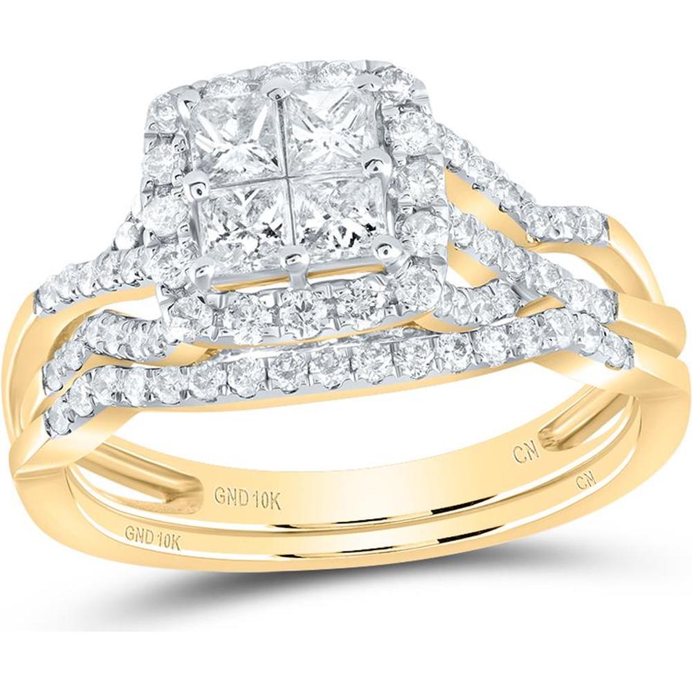 10K Yellow Gold Princess and Round Diamond Wedding Set - 1 Carat Total Diamond Weight