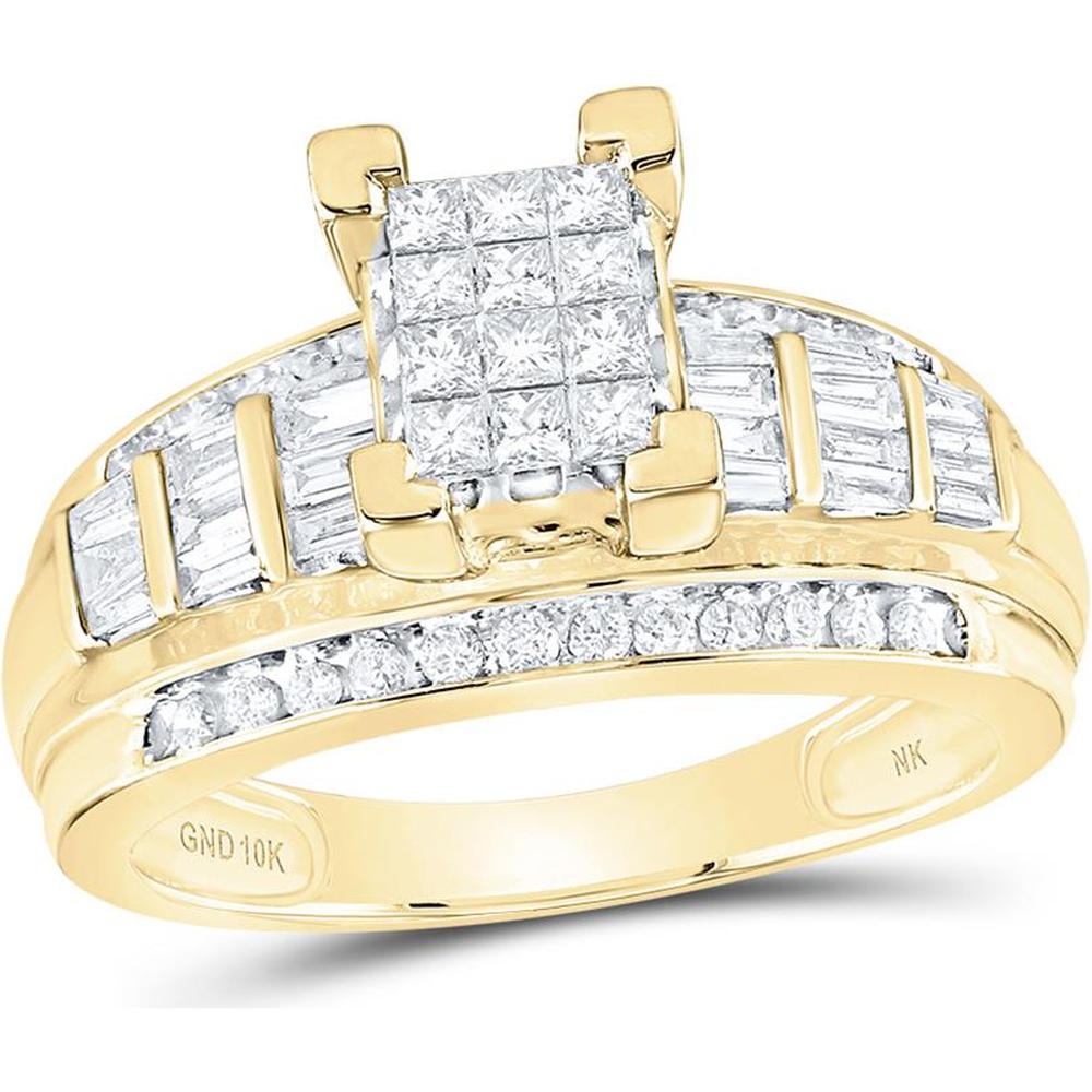 10K Yellow Gold Princess Diamond Cluster Bridal Engagement Ring with Invisible Set Princess Cut, Channel Set Round and Baguette Diamonds - 7/8 Carat Total Diamond Weight