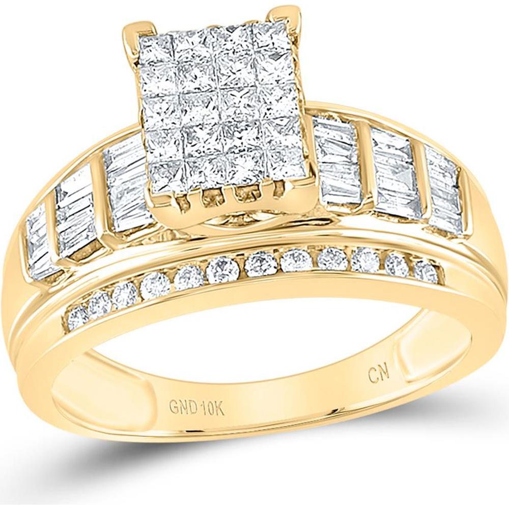10K Yellow Gold Princess Diamond Cluster Bridal Engagement Ring with Round and Baguette Diamonds - 1.00 Carat Total Diamond Weight