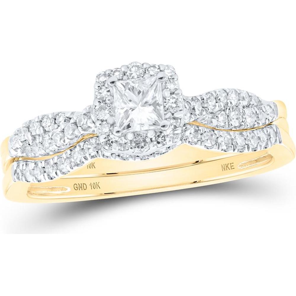10K Yellow Gold Princess Diamond Halo Bridal Wedding Ring Set with Round Diamonds and Blue Sapphire - 1/2 Carat Total Gemstone Weight