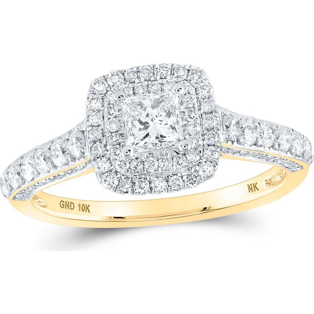 10K Yellow Gold Princess Diamond Halo Engagement Ring with Round Diamonds - 1 Carat Total Weight