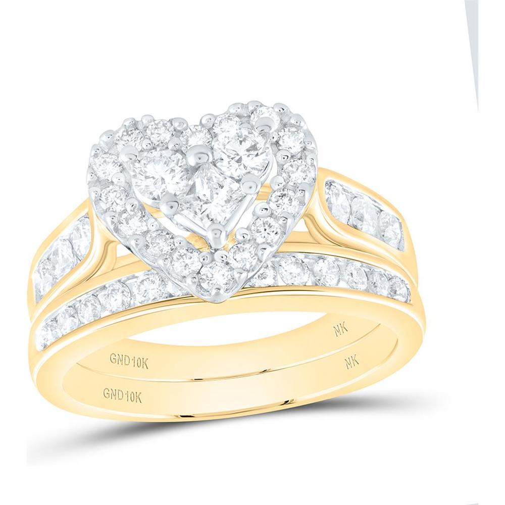 10K Yellow Gold Princess Diamond Heart Bridal Wedding Ring Set with 1 Carat Total Diamond Weight