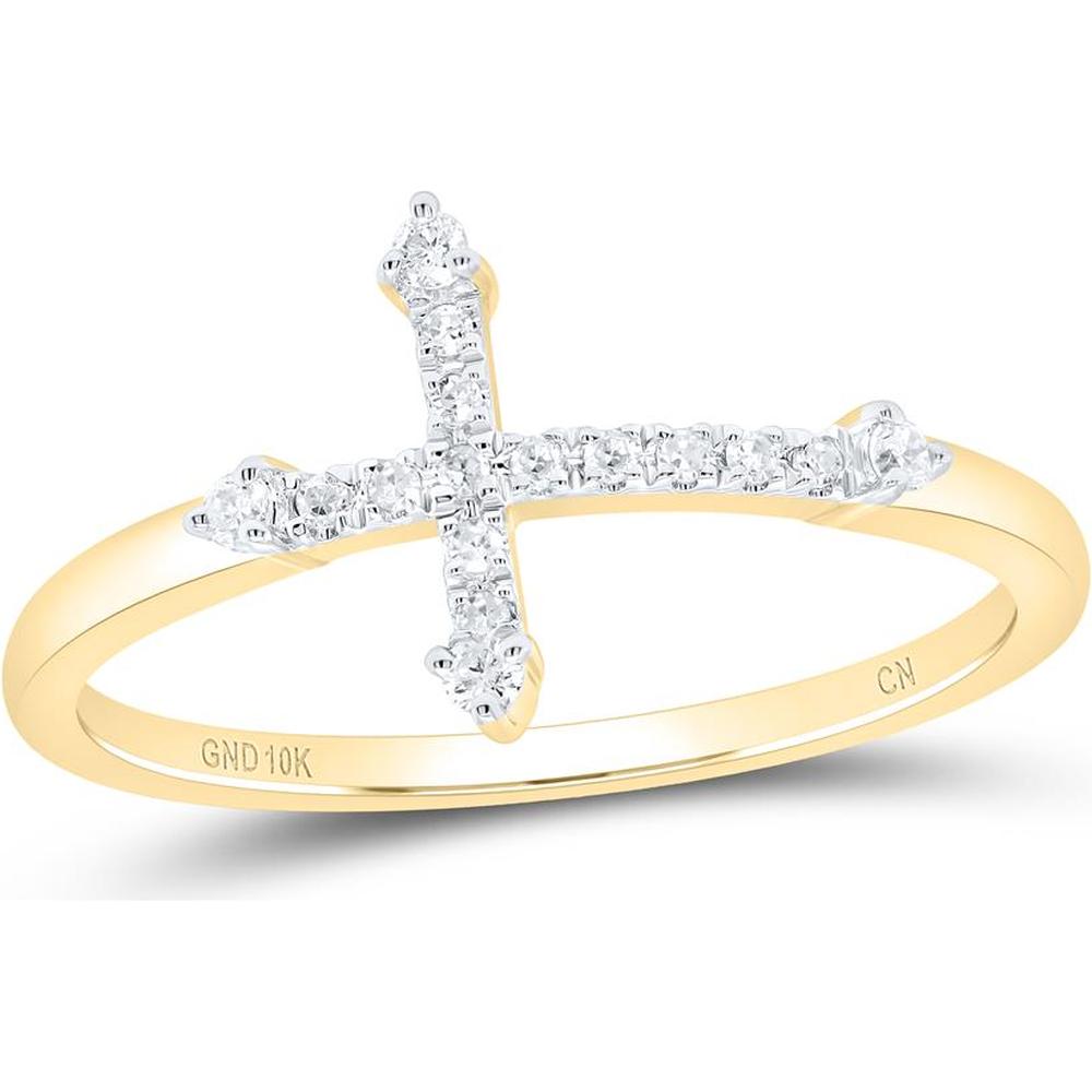 10K Yellow Gold Prong Set Round Diamond Cross Ring - 0.10 Carat Total Diamond Weight