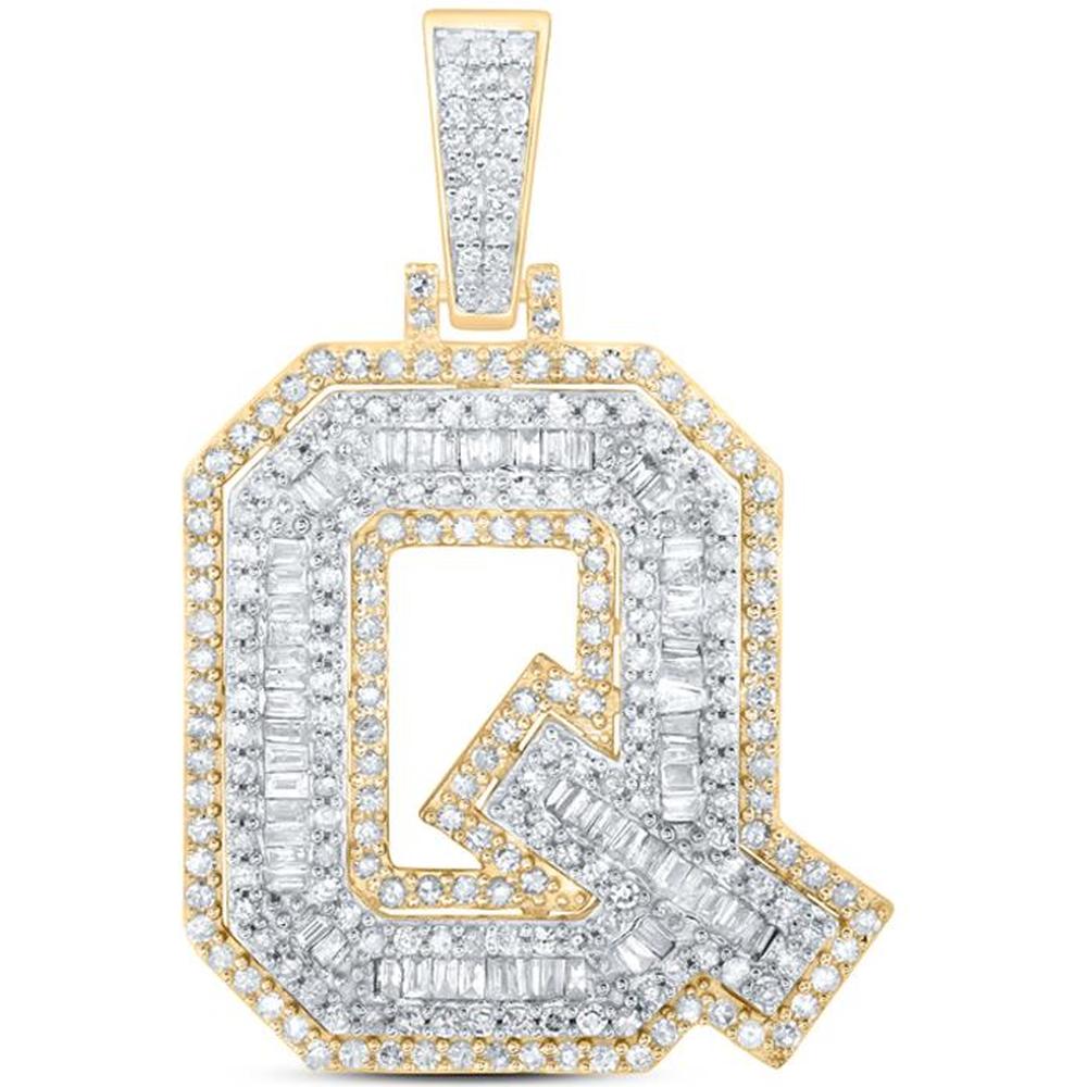 10K Yellow Gold Q Initial Pendant with Prong-Set Round Diamonds and Channel-Set Baguette Diamonds - 0.92 Carat Total Diamond Weight