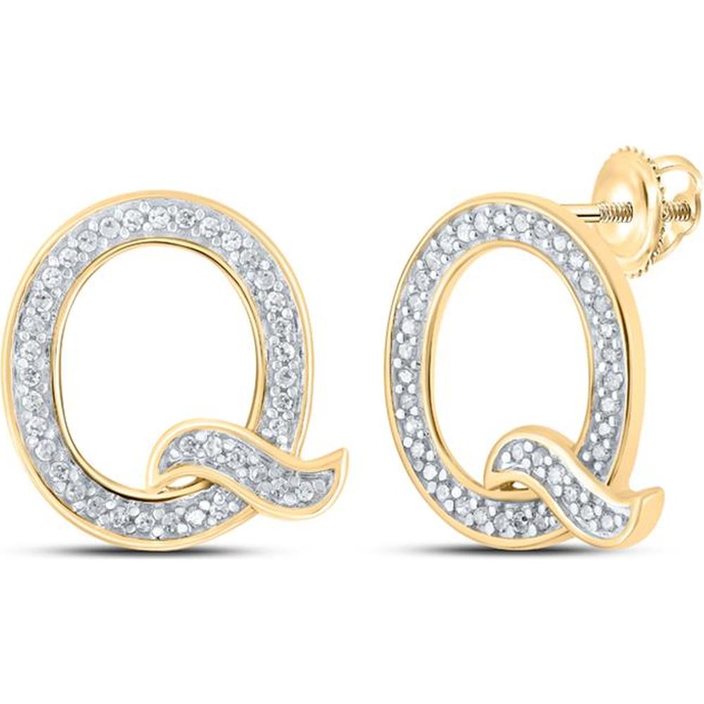 10K Yellow Gold Q Initial Stud Earrings with Prong-Set Round Diamonds - 1/6 Carat Total Diamond Weight