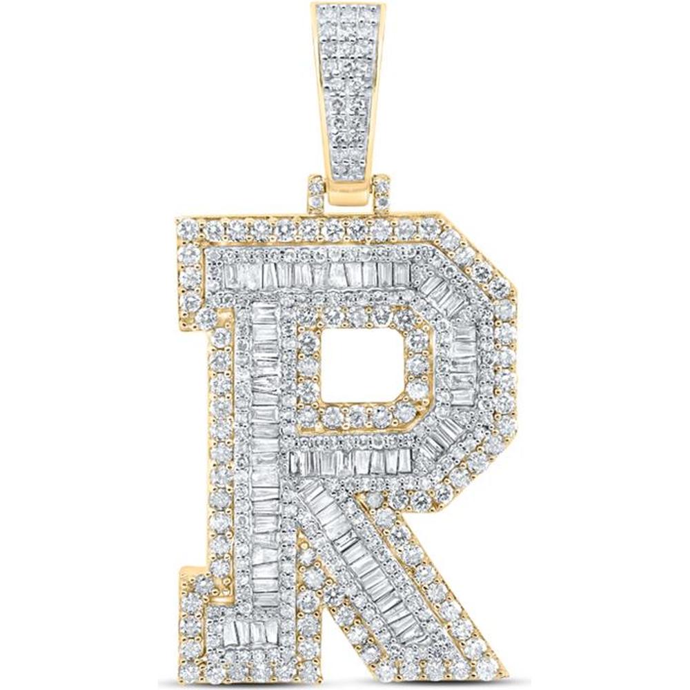 10K Yellow Gold "R" Initial Charm Pendant with Baguette and Round Diamonds - 3.19 Carat Total Diamond Weight
