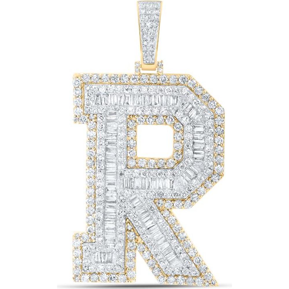 10K Yellow Gold "R" Initial Letter Pendant with 6 Carat s of Baguette and Round Diamonds