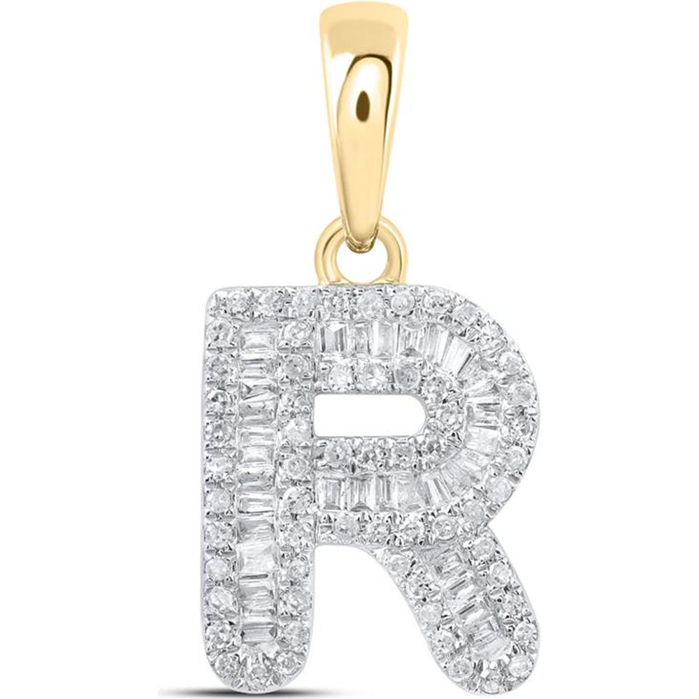 10K Yellow Gold R Initial Pendant with Channel-Set Baguette and Prong-Set Round Diamonds - 1/3 Carat Total Diamond Weight