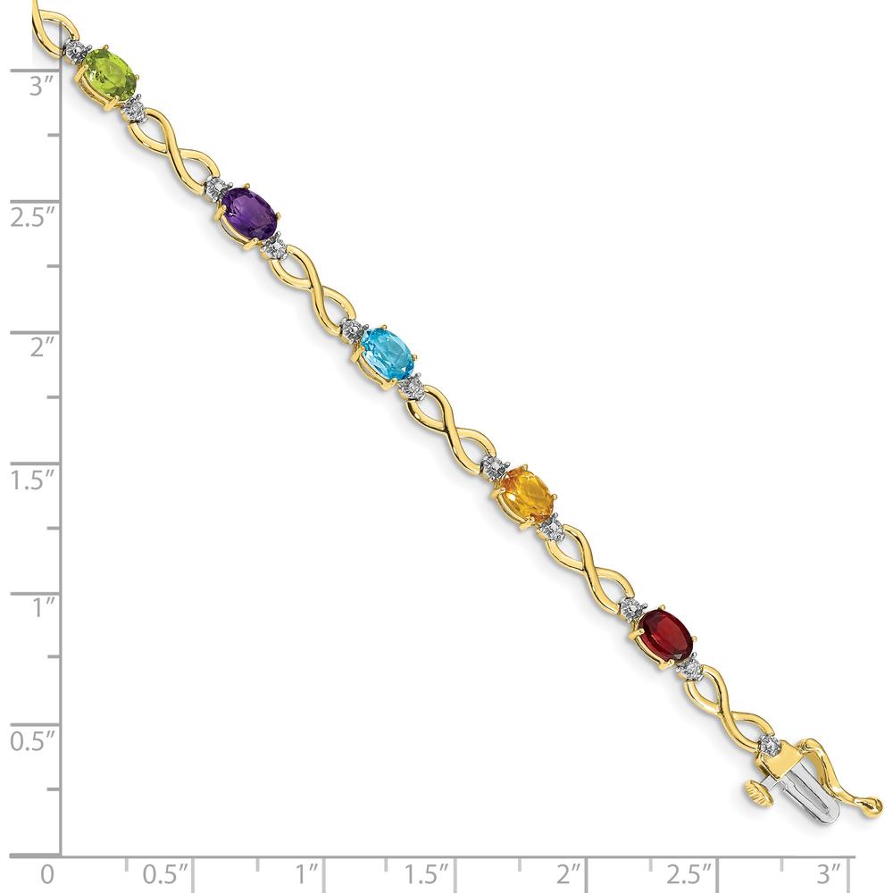 10K Yellow Gold Rainbow Gemstone Infinity Bracelet with Garnet, Citrine, Amethyst, Swiss Blue Topaz, Peridot, and Diamond Accents by Monteluci Fine Jewelry