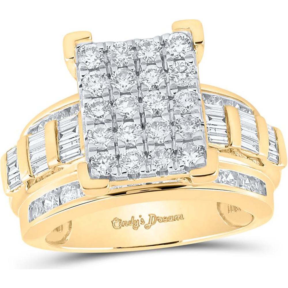 10K Yellow Gold Rectangular Cluster Ring with Round and Baguette Diamonds - 1.87 Carat Total Diamond Weight