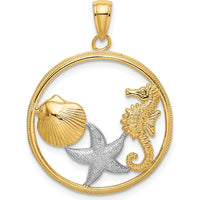 10K Yellow Gold Rhodium Accented Scallop, Starfish, Seahorse Circle Charm Pendant - 24.5mm