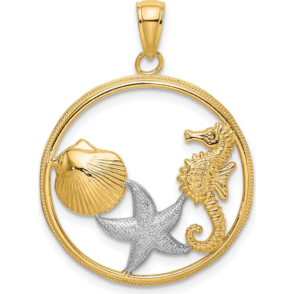 10K Yellow Gold Rhodium Accented Scallop, Starfish, Seahorse Circle Charm Pendant - 24.5mm