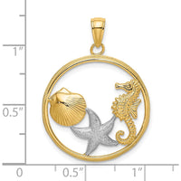 10K Yellow Gold Rhodium Accented Scallop, Starfish, Seahorse Circle Charm Pendant - 24.5mm