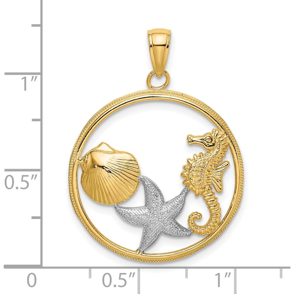 10K Yellow Gold Rhodium Accented Scallop, Starfish, Seahorse Circle Charm Pendant - 24.5mm