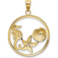 10K Yellow Gold Rhodium Accented Scallop, Starfish, Seahorse Circle Charm Pendant - 24.5mm