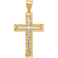 10K Yellow Gold Rhodium Diamond-Cut Cross Pendant - 55mm Length, 28mm Width