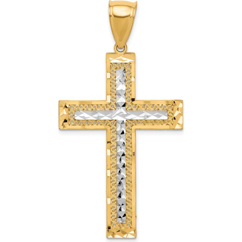 10K Yellow Gold Rhodium Diamond-Cut Cross Pendant - 55mm Length, 28mm Width