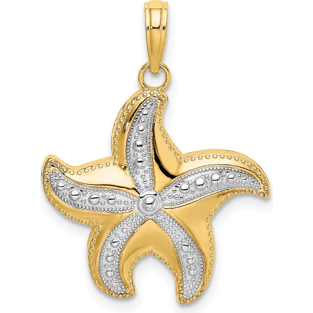 10K Yellow Gold Rhodium Diamond-Cut Starfish Charm Pendant