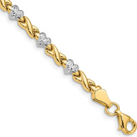 10K Yellow Gold Rhodium Polished Heart and X Link Bracelet - 7 Inch, 4mm Width