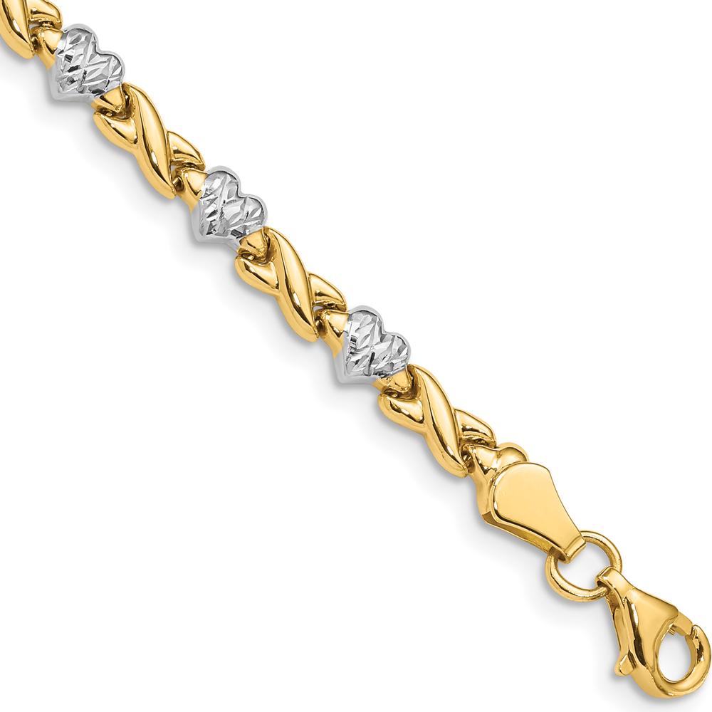 10K Yellow Gold Rhodium Polished Heart and X Link Bracelet - 7 Inch, 4mm Width