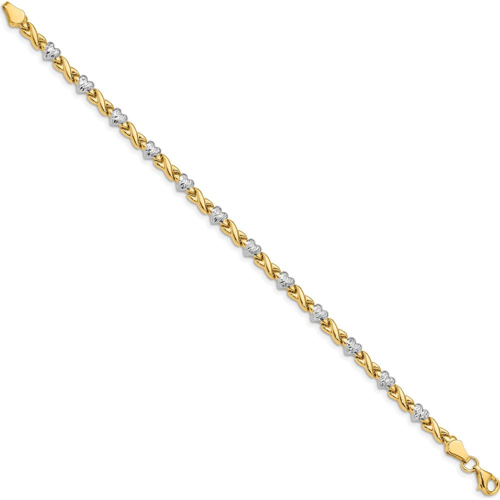 10K Yellow Gold Rhodium Polished Heart and X Link Bracelet - 7 Inch, 4mm Width