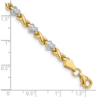 10K Yellow Gold Rhodium Polished Heart and X Link Bracelet - 7 Inch, 4mm Width