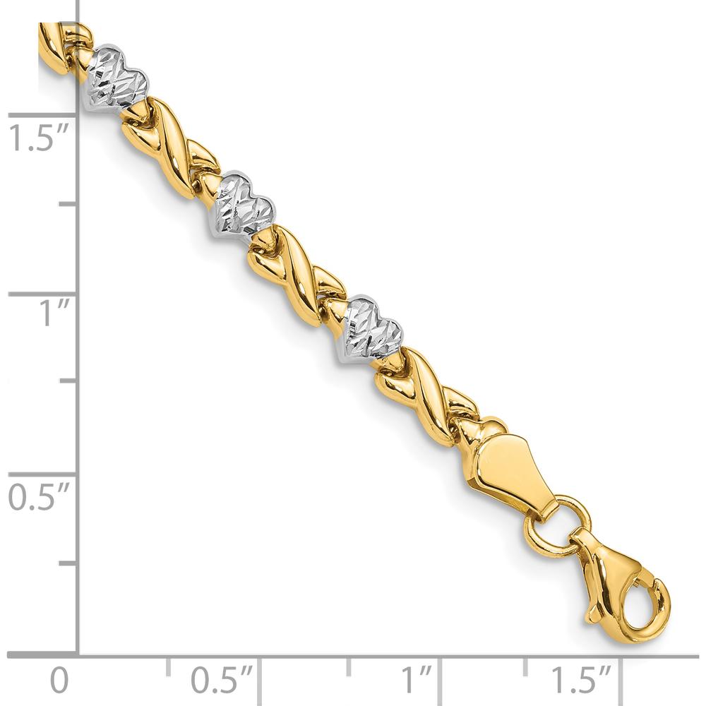10K Yellow Gold Rhodium Polished Heart and X Link Bracelet - 7 Inch, 4mm Width
