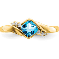 10K Yellow Gold Ring with 0.70 Carat Cushion Cut Swiss Blue Topaz and 0.06 Carat Round Diamonds by 0