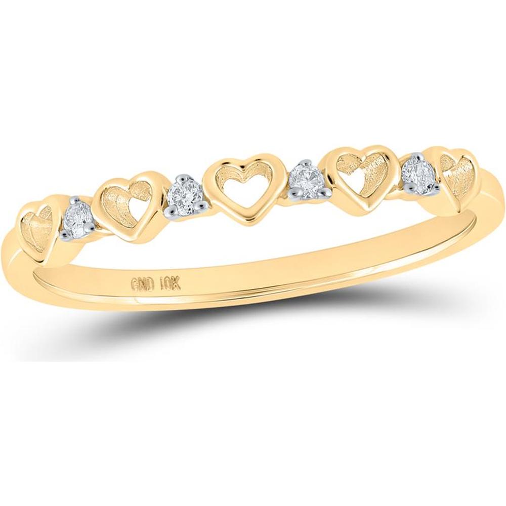 10K Yellow Gold Ring with Alternating Open and Textured Heart Motifs and Round Prong-Set Diamonds - 0.05 Carat Total Diamond Weight