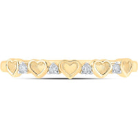 10K Yellow Gold Ring with Alternating Open and Textured Heart Motifs and Round Prong-Set Diamonds - 0.05 Carat Total Diamond Weight