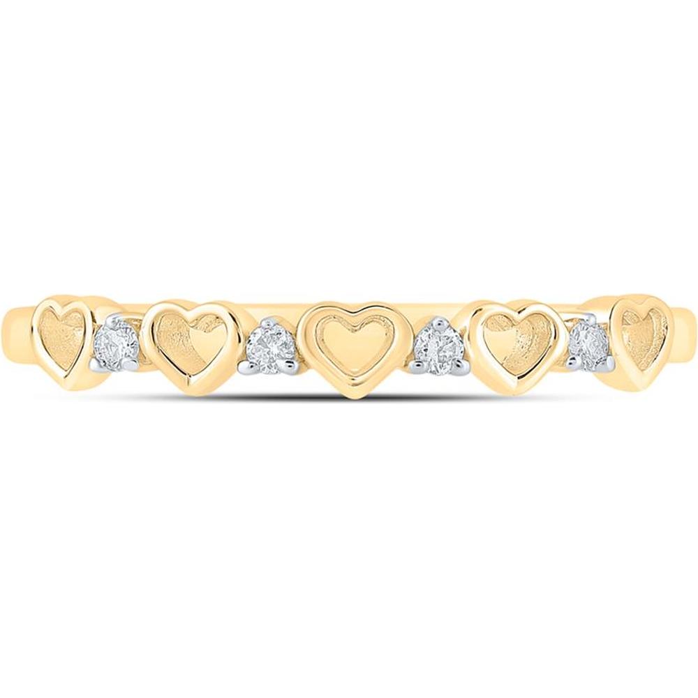 10K Yellow Gold Ring with Alternating Open and Textured Heart Motifs and Round Prong-Set Diamonds - 0.05 Carat Total Diamond Weight