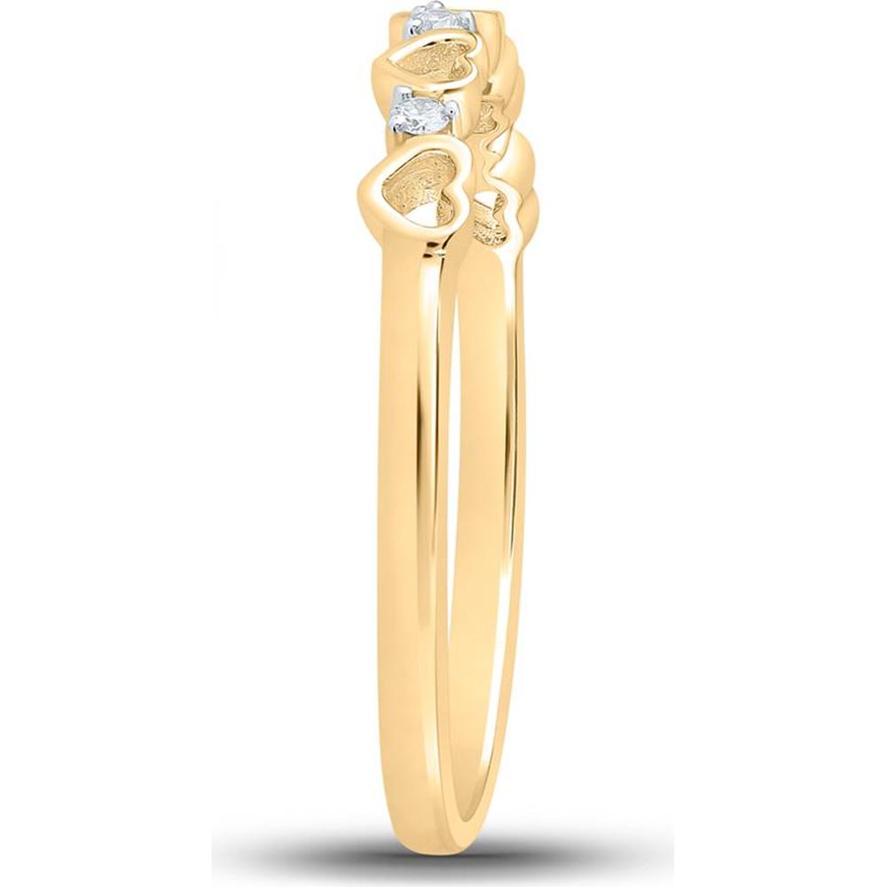 10K Yellow Gold Ring with Alternating Open and Textured Heart Motifs and Round Prong-Set Diamonds - 0.05 Carat Total Diamond Weight