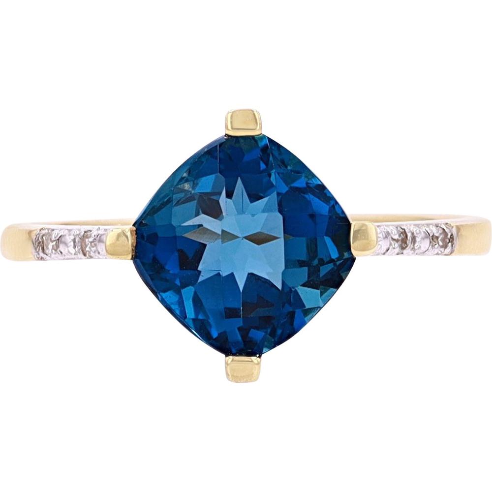 10K Yellow Gold Ring with Cushion-Cut London Blue Topaz and Diamond Accents - 0.05 Carats Total Diamond Weight