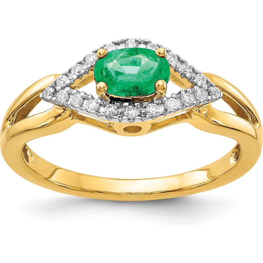 10K Yellow Gold Ring with Oval Emerald and Round Diamond Halo - 0.46 Carat Emerald Weight by 0