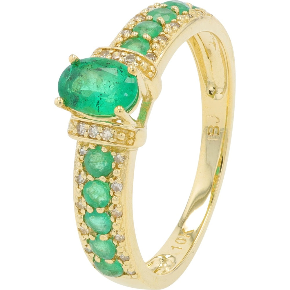 10K Yellow Gold Ring with Oval Emerald Center and Round Emerald Accents with 0.07 Carat Diamond Details - 0.40-0.50 Carat Total Emerald Weight