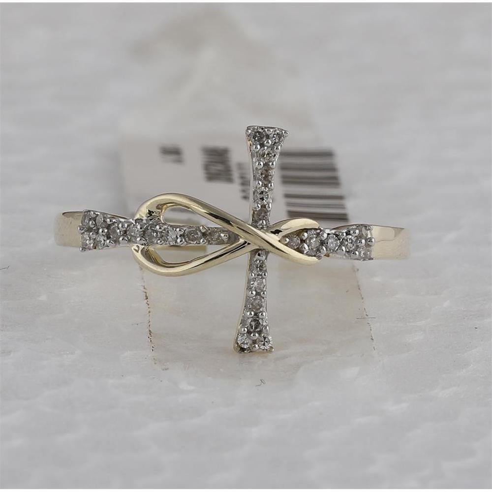 10K Yellow Gold Ring with Pavé Set Round Diamonds in Infinity and Cross Design - 0.10 Carat Total Diamond Weight