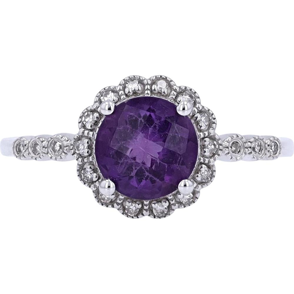 10K Yellow Gold Ring with Round Amethyst and Diamond Halo - 0.09 Carats Total Diamond Weight