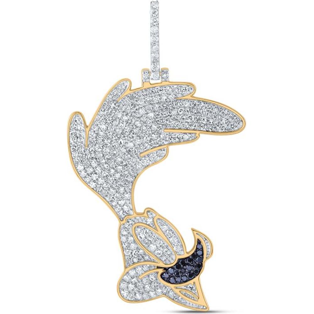 10K Yellow Gold Road Runner Cartoon Pendant with 1.46 Carat Total Round and Black Diamonds