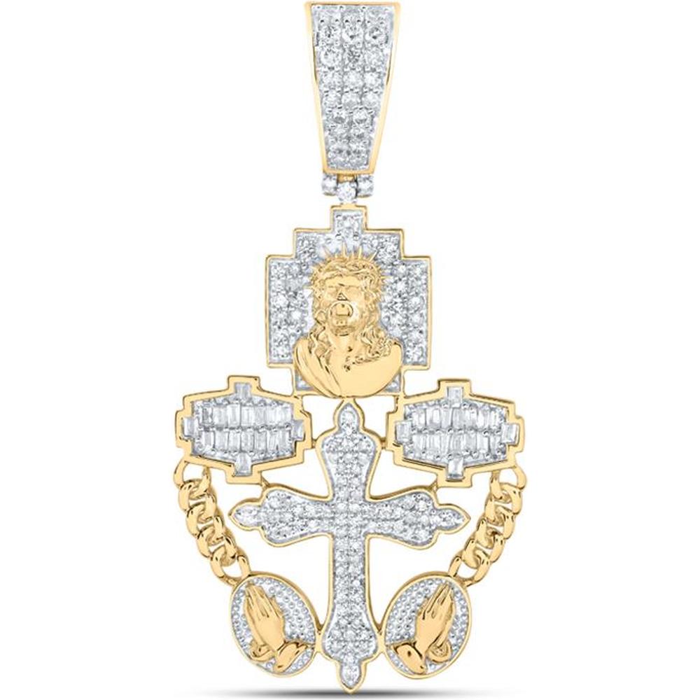 10K Yellow Gold Rosary Jesus Cross Charm Pendant with Round and Baguette Diamonds - 3/4 Carat Total Diamond Weight