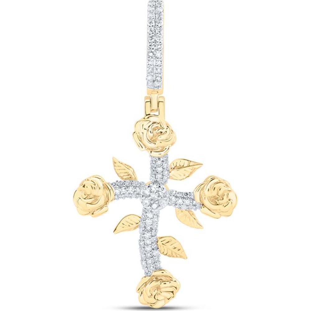 10K Yellow Gold Rose Cross Pendant with Round Prong-Set Diamonds - 1/3 Carat Total Diamond Weight