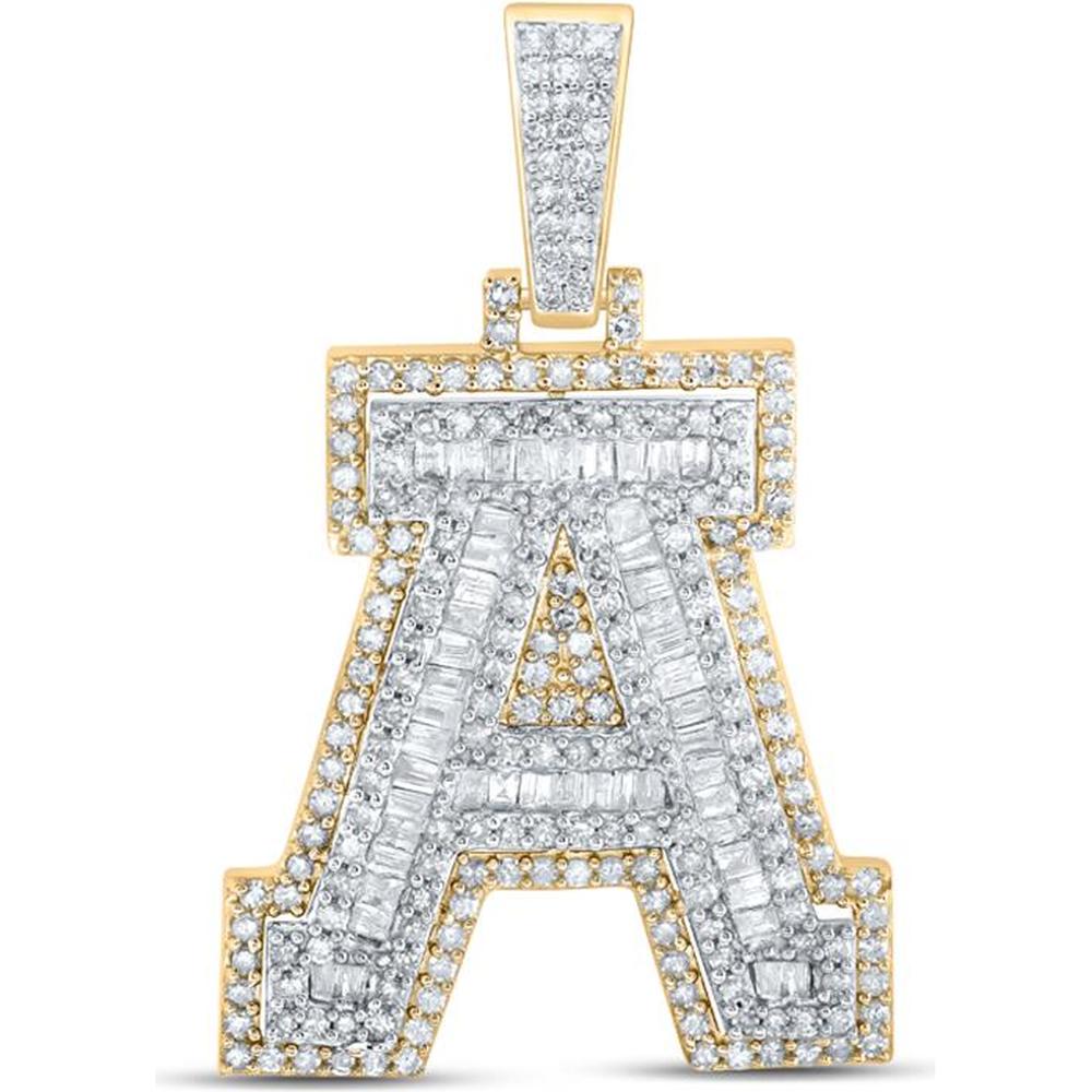 10K Yellow Gold Round and Baguette Diamond "A" Initial Charm Pendant - 7/8 Carat Total Diamond Weight