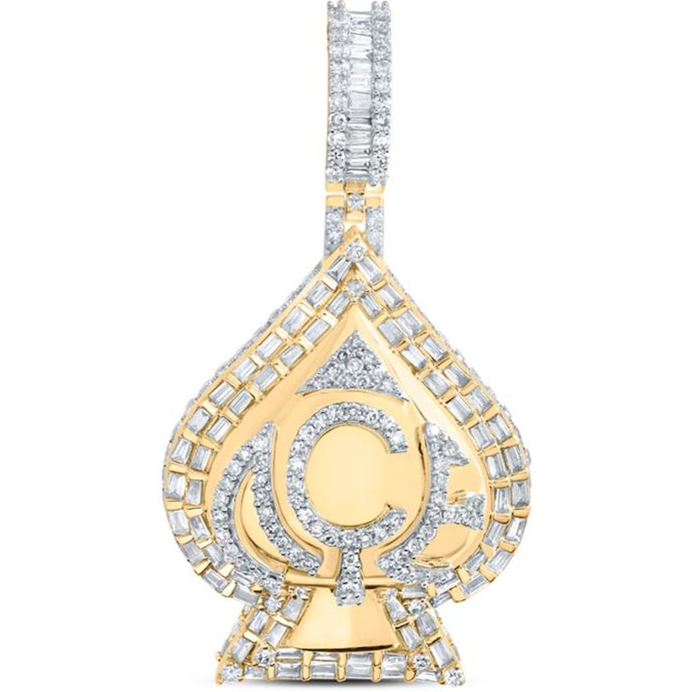 10K Yellow Gold Round and Baguette Diamond Ace Spade Charm Pendant - 2.25 Carat Total Diamond Weight