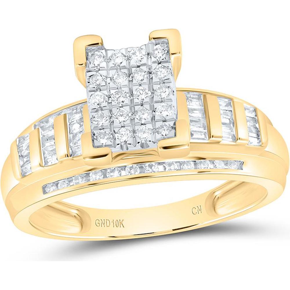 10K Yellow Gold Round & Baguette Diamond Cluster Bridal Engagement Ring - 1/2 Carat Total Diamond Weight