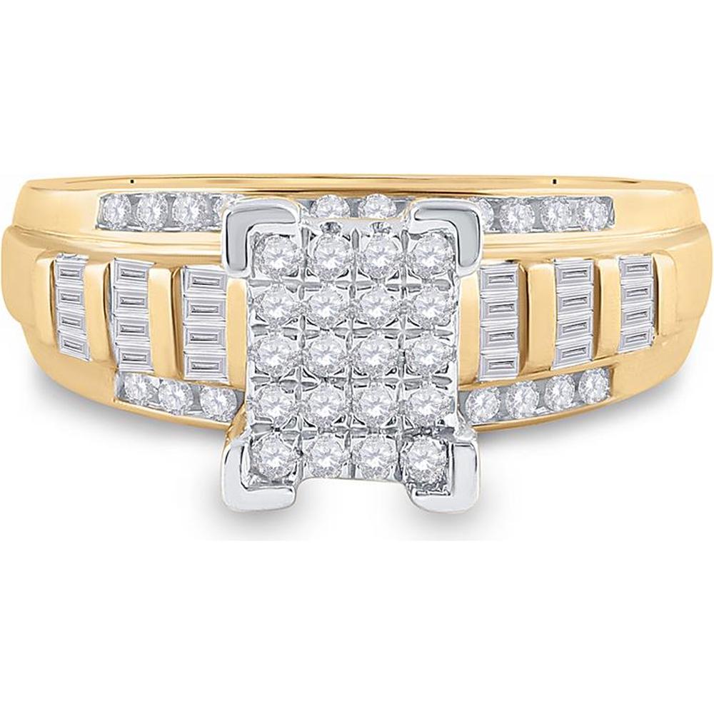10K Yellow Gold Round & Baguette Diamond Cluster Bridal Engagement Ring - 1/2 Carat Total Diamond Weight