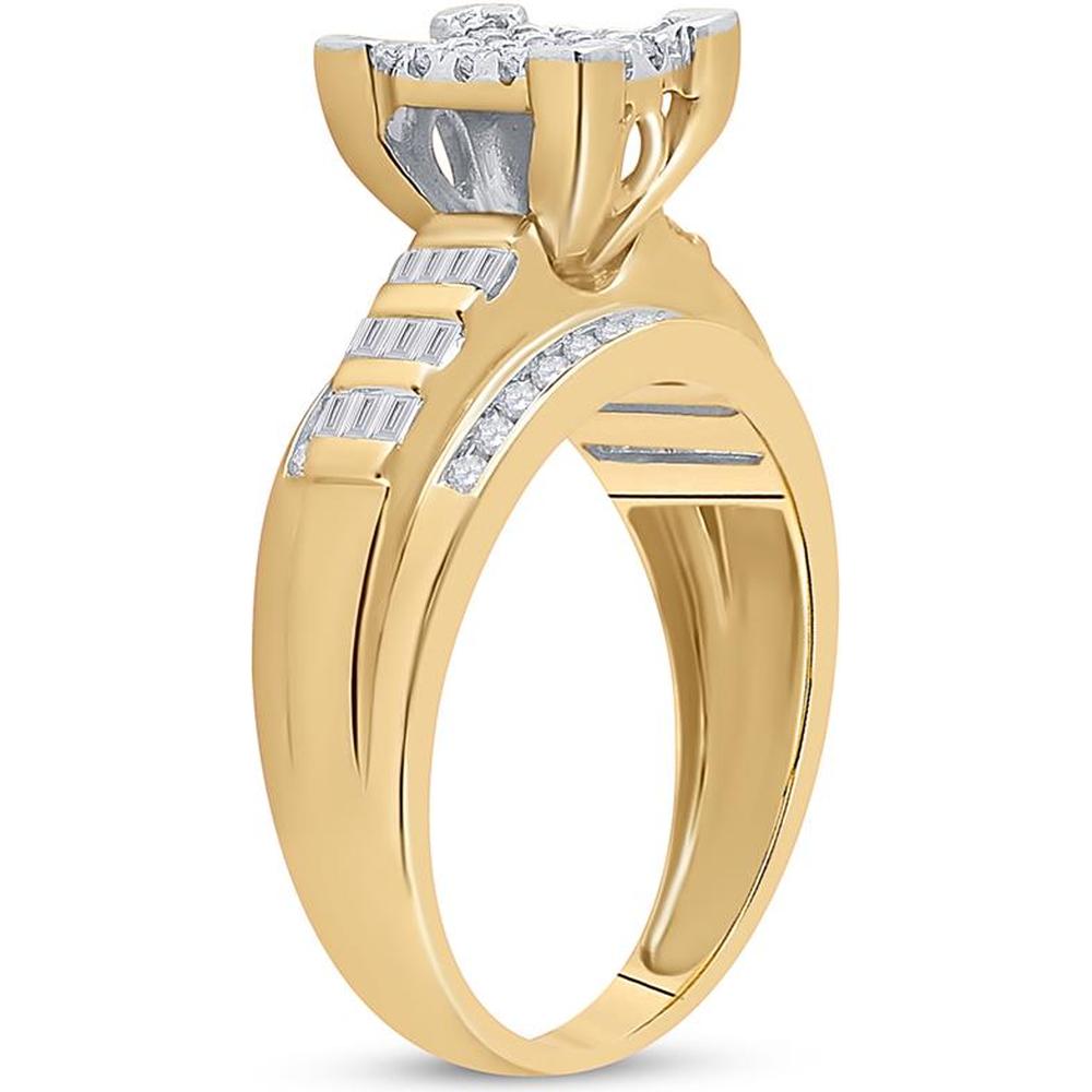 10K Yellow Gold Round & Baguette Diamond Cluster Bridal Engagement Ring - 1/2 Carat Total Diamond Weight
